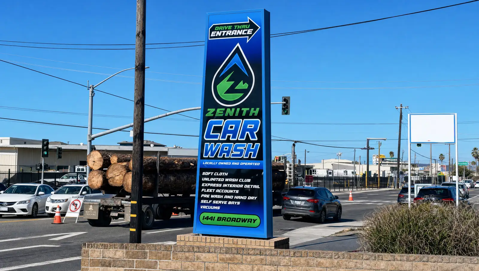 The new Zenith Car Wash sign on Broadway in Eureka: drive-thru entrance, soft cloth, unlimited wash club, express interior detail, self-serve bays, 1441 Broadway